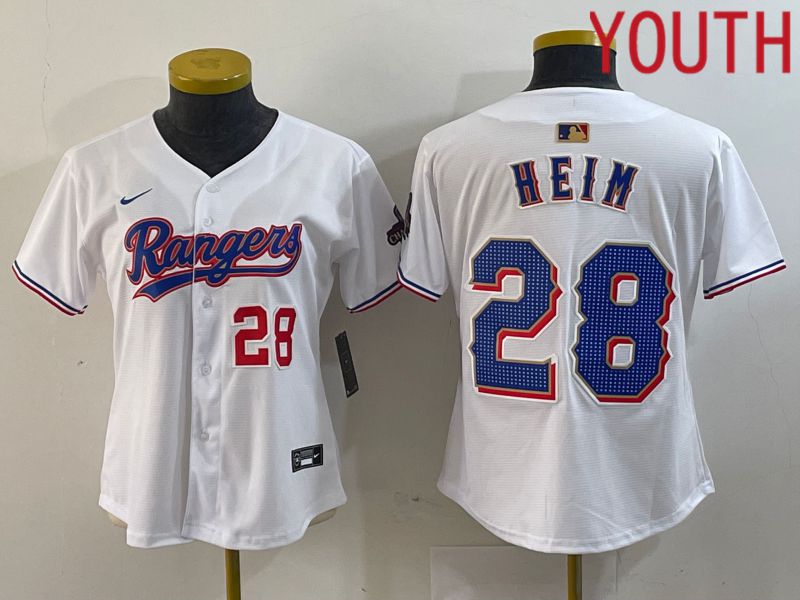 Youth Texas Rangers #28 Heim White Champion Game Nike 2024 MLB Jersey style 4